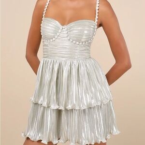 Lulu's Silver Metallic Pleated Party Dress with Pearl Straps